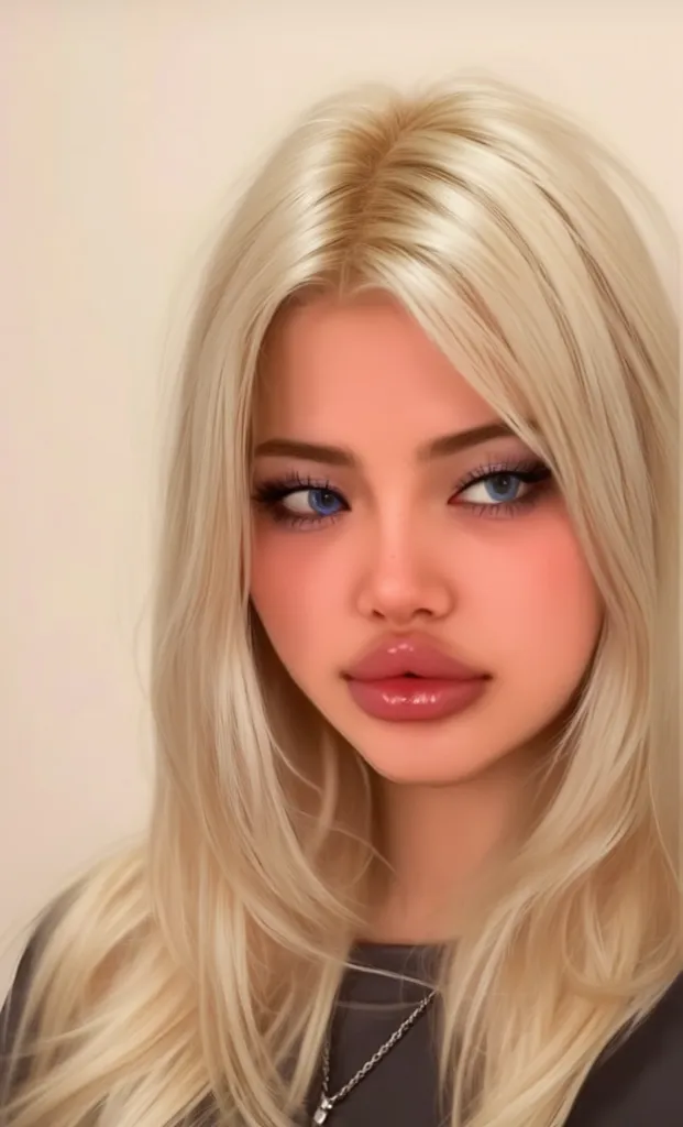 dumb blonde girl, blue eyes highlighted, slut face, bimbo lips, little nose