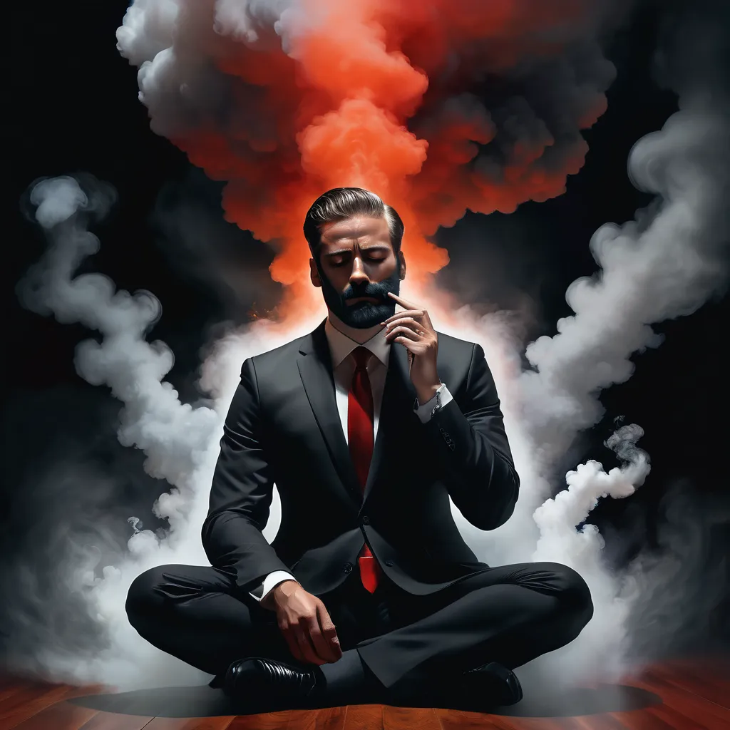 A surreal and dark artwork depicting a man in a suit and tie, sitting in a reflective pose with one hand near his face. Instead of a head, a dense cloud of black smoke rises upward, creating an intense and heavy atmosphere. At the center of the smoke, wher...