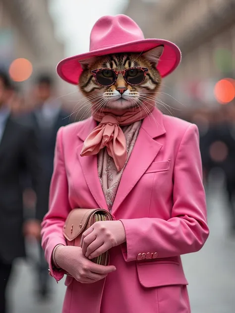 Cat woman, dressed in a pink suit, hat consisting of a, hat and silk scarf. The cat is also wearing sunglasses and pink gloves. She holds a purse in one paw. In the background, the background is the blurred background, that looks like a catwalk.