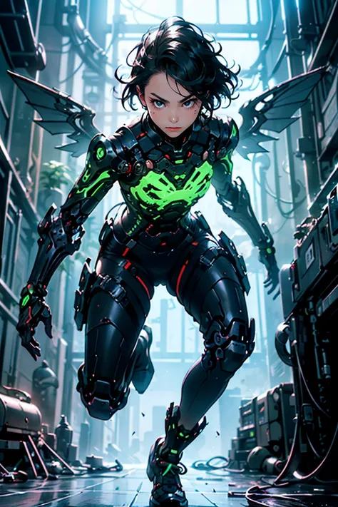 ((woman, small bust, short hair, black hair, black eyes, full body, fighting pose)), Mechanobiology:1.5,(Highest quality,Extremely detailed depiction,Incredibly absurd high resolution,Anatomically accurate depiction),Female type,Highly precise machine,Blac...