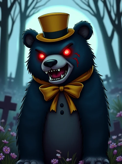 (Anime style),  nightlife, dark forest with headstones in the background, a totally black and dark bear, growling annoyingly, Bloodstained in his mouth, glowing red eyes, scars and wounds on your body, yellow top hat and black ribbon on the head, yellow ri...