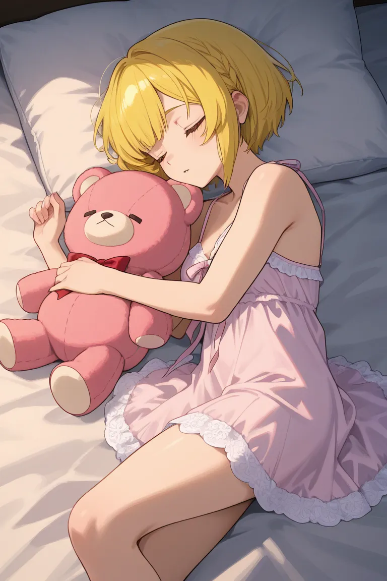 woman、pink hair、yellow eyes、short bob hair、two-tone hair、 Babydoll、Big Breasts、I'm holding a stuffed bear、 is sleeping