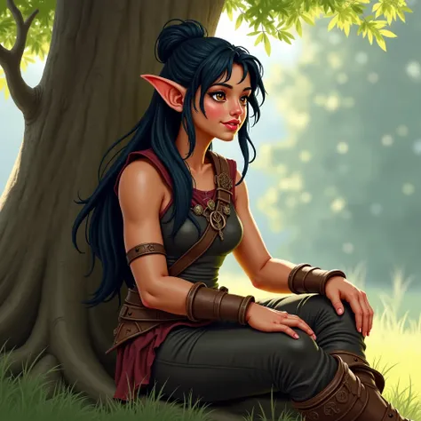 Make a full-bodied female character, expressions from a Halfling Race role-playing game with the Barbarian class, She's a very strong character who measures 1,5 m, Your skin is light, half red and your ears are pointy, dark hair tied , with subtle and dark...