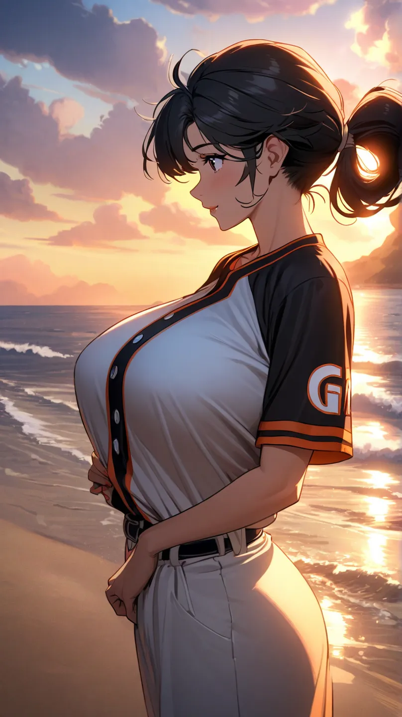 
ponytail、Mature Woman、 anime style、Giants uniform、Big Breasts、beach、 black hair、Playing