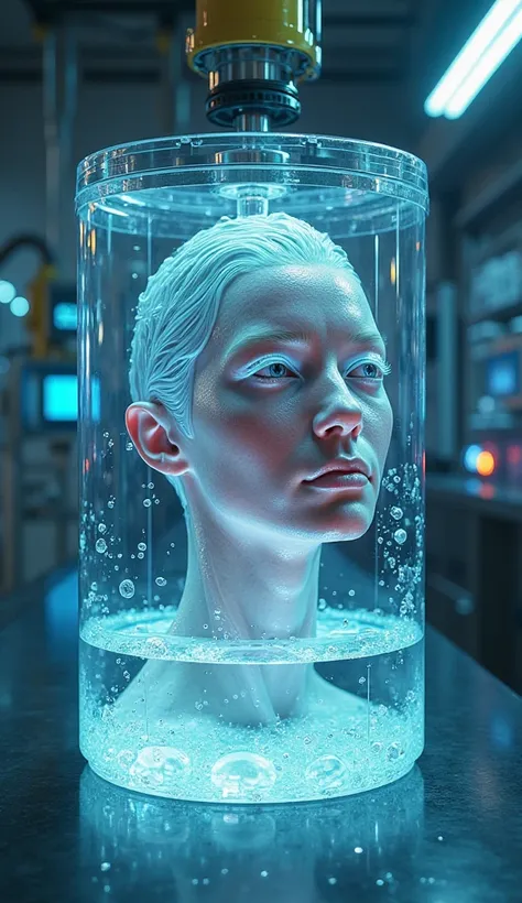 A hyper-detailed cinematic sci-fi scene. A synthetic human face layer is suspended in a sterile bio-gel container, prepared for transplantation onto a humanoid android. The translucent, living bio-synthetic material has intricate skin textures, faint blood...