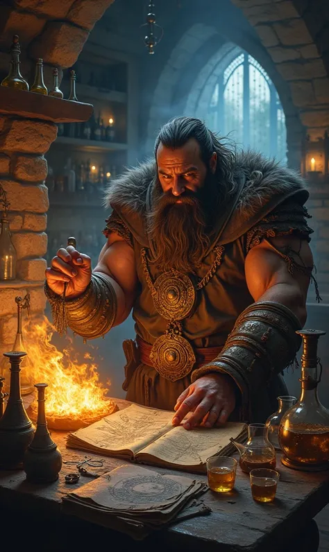 Dwarven, a muscular and strong black-haired young wizard and alchemist of short stature, creating potions on his bench with his burning fire rod. 