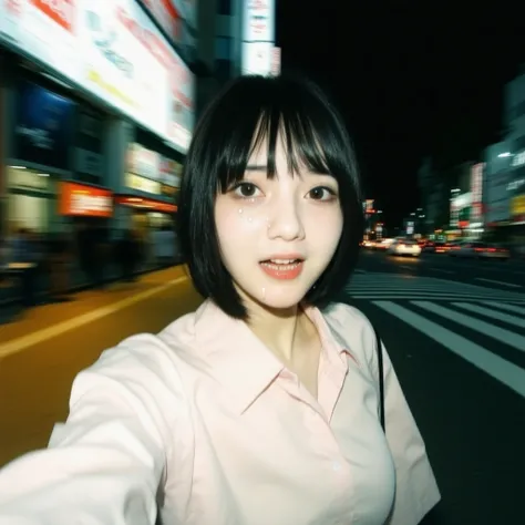 Motion blur. Full body shot, from below, Egon Schiele style. Background is the fast flowing neon lights of the Shibuya scramble crossing in Tokyo, late at night. Tear-streaked selfie of a Japanese high school girl with shiny black hair, short hair and larg...