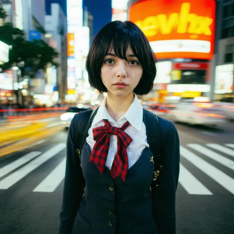 Motion blur. Full body shot, from below, Egon Schiele style. Background is the fast flowing neon lights of the Shibuya scramble crossing in Tokyo, late at night. Tear-streaked selfie of a Japanese high school girl with shiny black hair, short hair and larg...