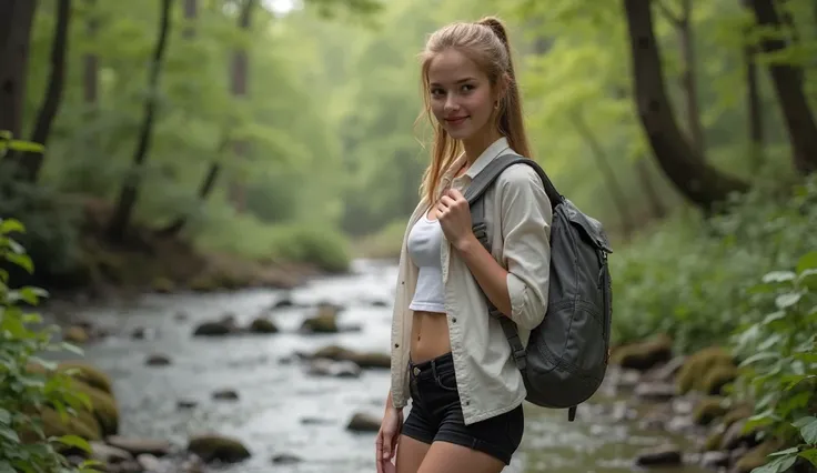 american girl, 18 years old, sweet smile, slim body, big breast, ponytail hair, black skiny short pants, white shirt, wearing a grey backpack, in the forest, background river, realistic photo, 4k