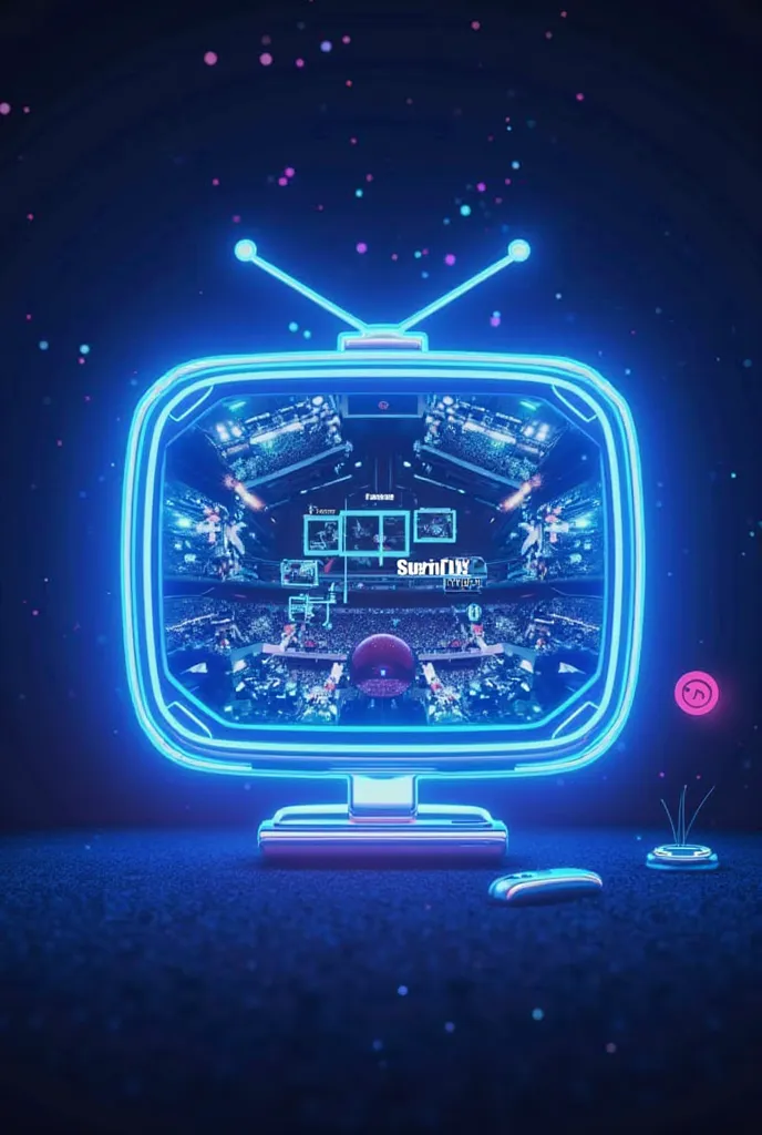 A vibrant square-shaped image ( 1080x1080 pixels ) for Instagram , with fundo gradiente azul escuro (#2C3E50) and neon blue (#3498db), futurist.  in the center, a circular curved TV icon showing soccer thumbnails (players in the stadium), movies (ação with...