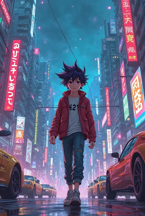 A anime boy  in cyber city 