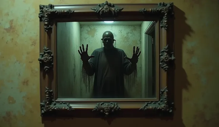 The hotel mirror’s secret – A dusty mirror on the wall reflects a different scene—twisted, decayed walls and a monstrous figure standing directly behind the viewer. Its bony hands are reaching forward.