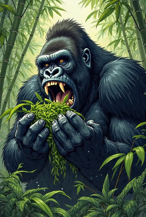 I have a strong appetite、Gorilla eating bamboo leaves。American comic book style