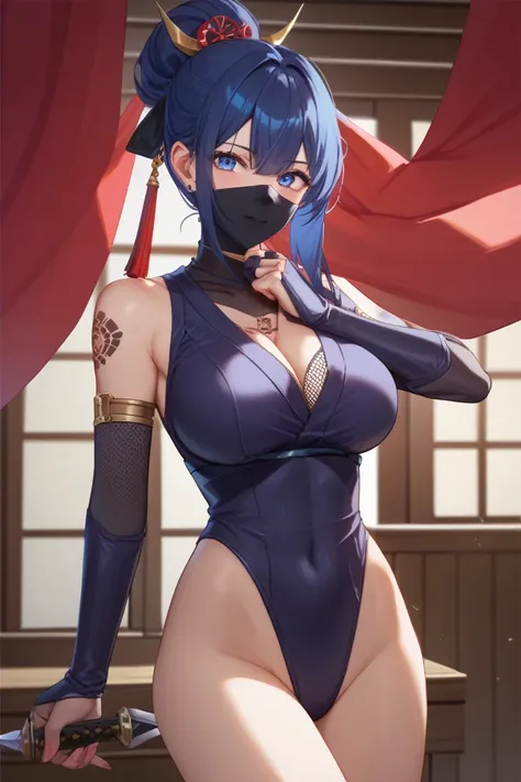  Kunoichi、Lock the curtains、knife、 leotard、tattoo、Big Breasts、Ninja Mask、Japanese style、 Japanese Castle