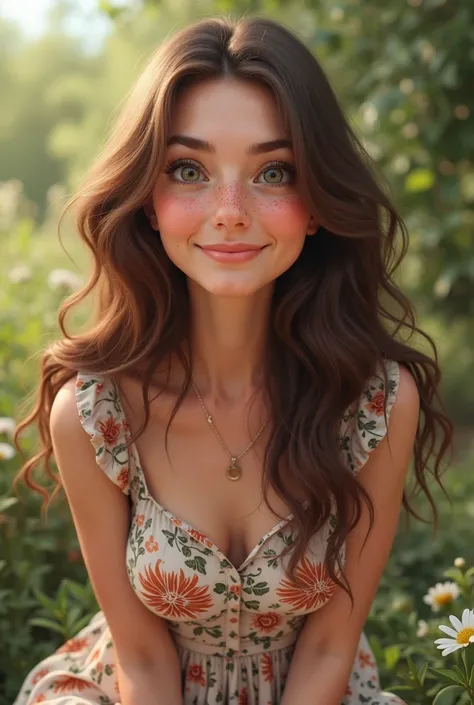 A realistic avatar of a woman with long, wavy brown hair, green eyes, freckles on the nose and a friendly smile. The woman wears a flowery dress and is sitting in a garden. The avatar must look about 30 years old.