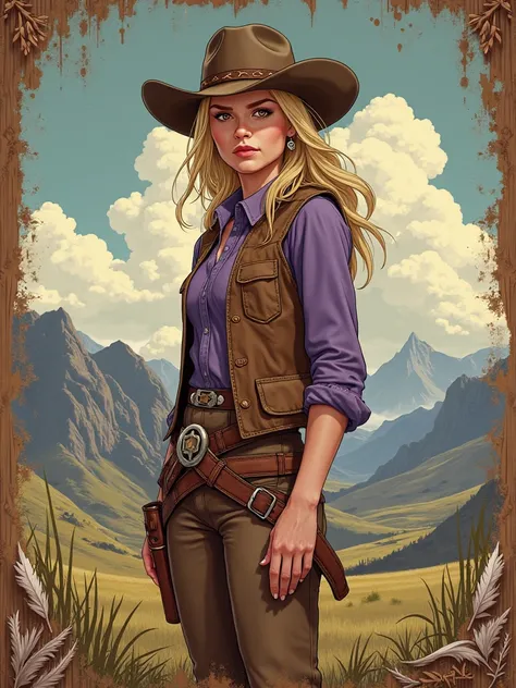 A Red Dead Redemption 2 style poster with a blonde girl, brown eyes, cowboy purple and brown clothing. Shaman elements.