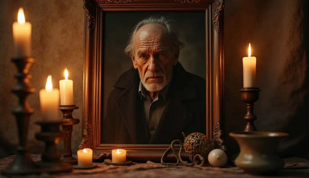 Depict a nostalgic yet eerie scene hinting at the old owner’s secret rituals. This could be an old, sepia-toned portrait of a stern elderly man with a mysterious gaze, surrounded by dim candlelight and antique ritual items. The setting conveys that the hou...