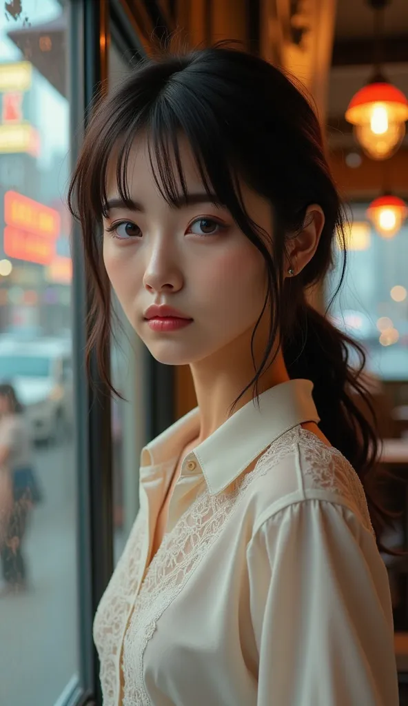 ((nsfw))),(Pictures of 30 year old asian women :1.5),( small breasts ,  beautiful, shaped,  gorgeous actress-like woman:1.4) She's standing by the window of a 70s-style cafe in New York、 looking out of a window . She was pale , Natural skin and no makeup ,...