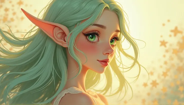 an illustration of a beautiful elf with mint-colored hair and eyes, her delicate face enjoying the moment as her hair flows in the wind, inspired by Alphonse Mucha, soft pastel tones, serene expression, warm golden lighting, ethereal and dreamy atmosphere ...