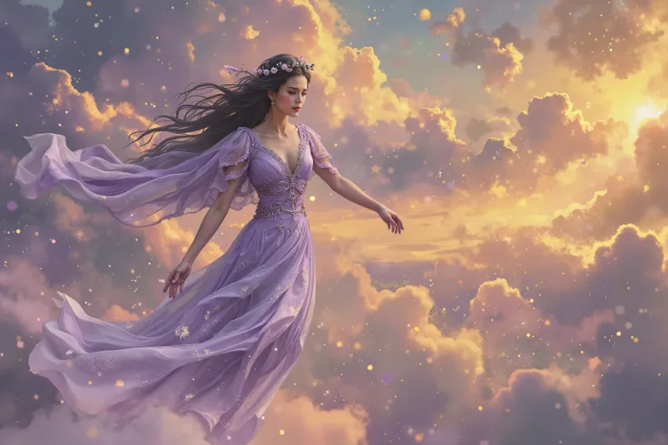 A hyper-realistic sequence of an ethereal woman, forever drifting among the clouds. Her (((lavender hair:1.4))) flows like silk, strands caught in the golden light of the endless sky. Her (((sky-blue eyes:1.3))) are soft, distant, lingering on something un...