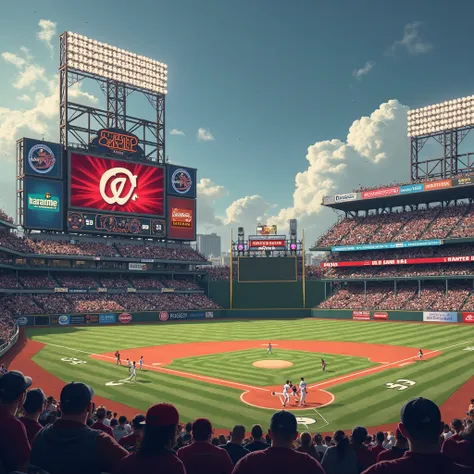 create an image of a baseball field, we can see the scoreboard. make ir realistic, like a photography not a illustration