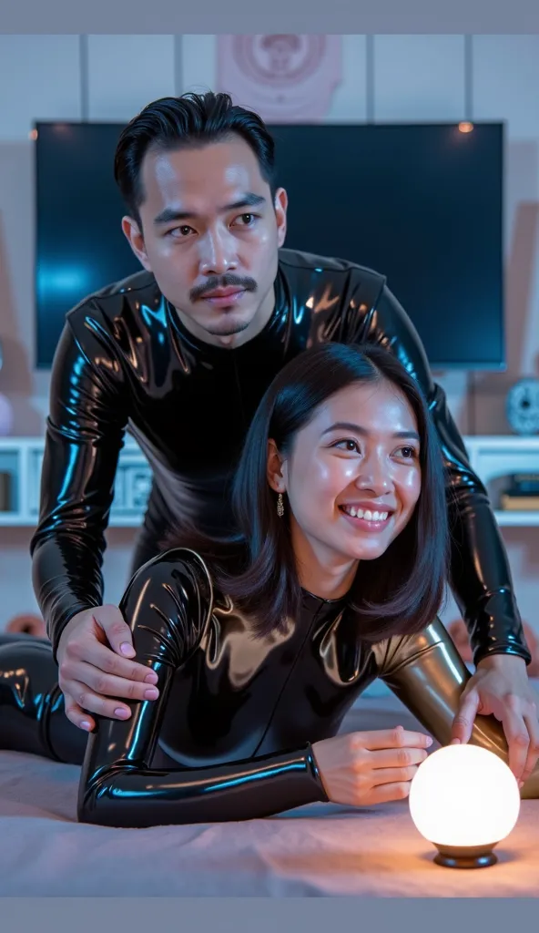 A bird eye view shot of a young Indonesian adult man with a thin mustache, aged 24, wearing a black catsuit made of latex vinyl. He is lying on top of a young Indonesian woman with medium-length black hair, aged 20, who is also wearing a gold-black catsuit...