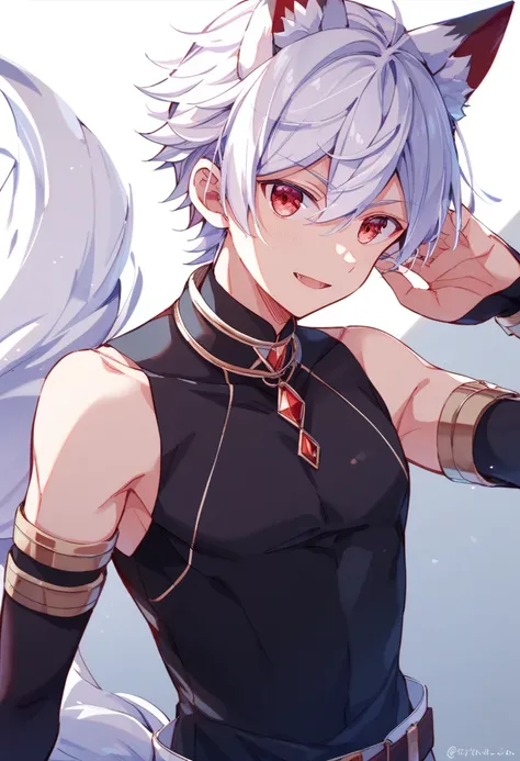 Age 25、 male、Height: 185cm、Model body type、thin macho、 white hair、 red eyes、 wolf ear、 wolf tail 、The skin is pale、black sleeveless inner、 cool series、 neutral、 youth、Beautiful、M-shaped bang bangs、1人の male