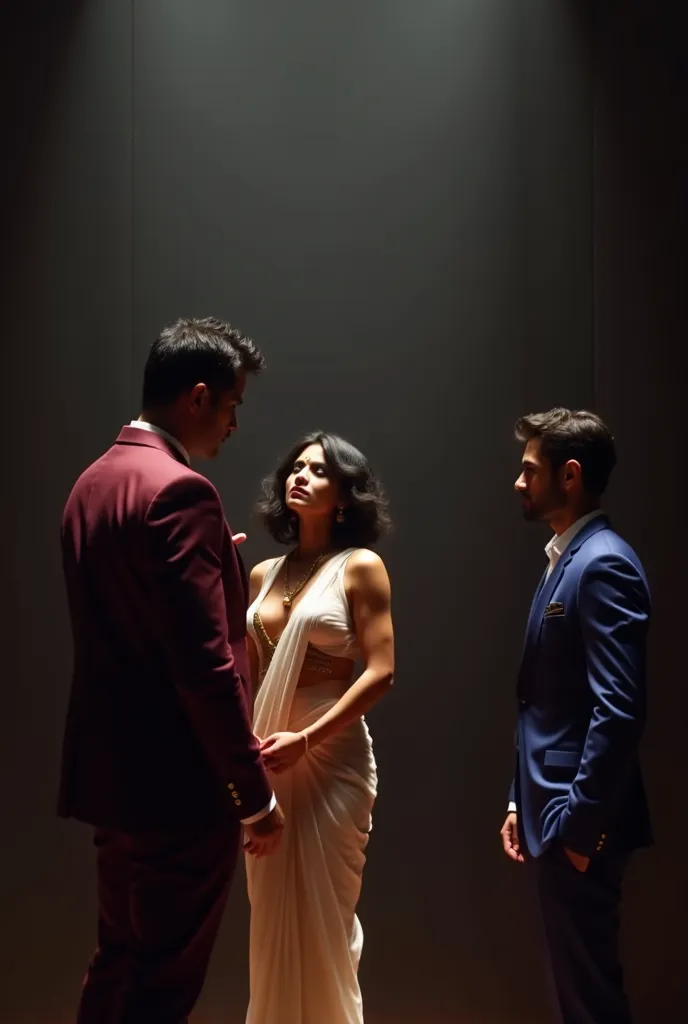 A dark themed large room with 2 lights. One fairk skinned, slim indian woman wearing a transparent saree. The upper part of the saree is removed. She is trying to hide her breasts by placing her hands on them. One muscular man in maroon suit standing near ...