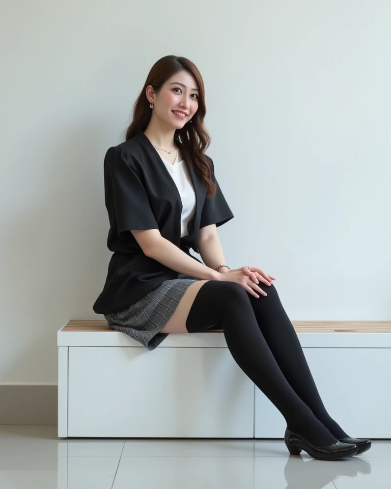 (      photorealism   :1.2)、 full body portrait 、Smelling black high   socks 。    beautiful日本人モデル、39;    thick legs、  woman  、39;    Office worker uniform      、   black high heels   、smile、Bench on the White Floor  、   open your legs a little 。 super real...