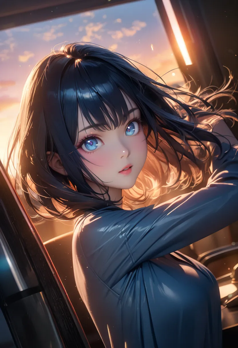 high quality, high resolution, 8k, 4k, Ultra HD, photorealistic, intricate details, sharp focus, masterpiece, award-winning, professional photography, cinematic lighting, dynamic pose, (beautiful anime girl:1.3), posing for a picture, (((wearing a blue dre...