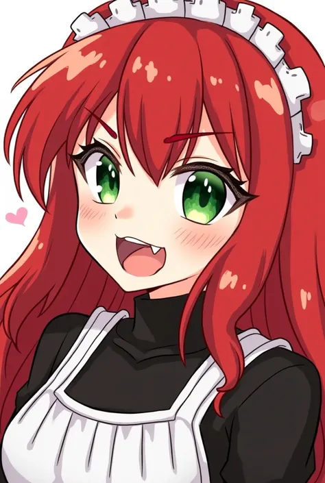 Score_9, Score_8_up, Score_7_up, Score_6_up, Score_5_up, Score_4_up, source_cartoon_  1girl, pale skin, green eyes, red small eyebrows, sharp teeth, fangs, small, slightly upturned nose, energetic vibe. (red long hair) with bangs, wear black Maid, add-on (...