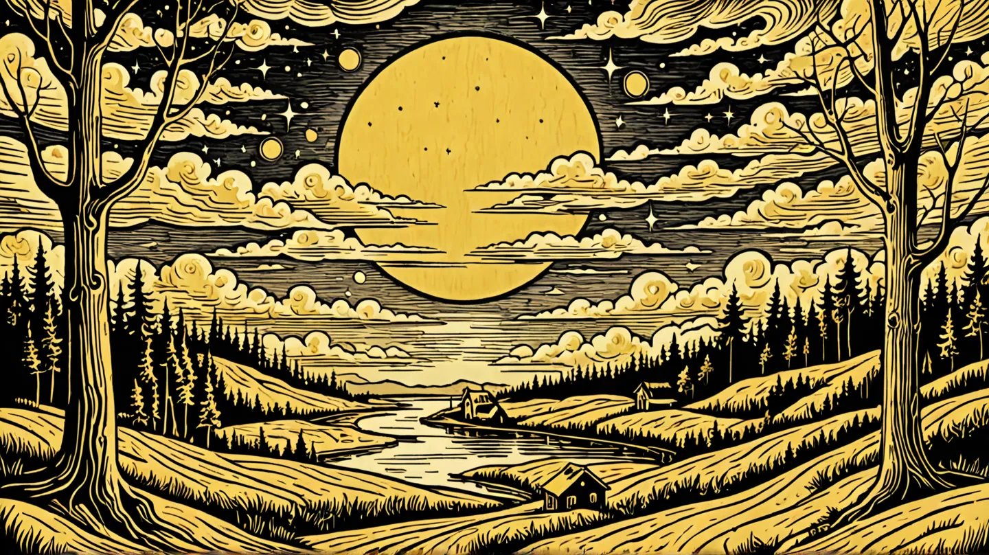 Create a rustic woodcut style image digital art surreal, using only beige and yellow colors


God in heaven

The image conveys a feeling of being a dream.







