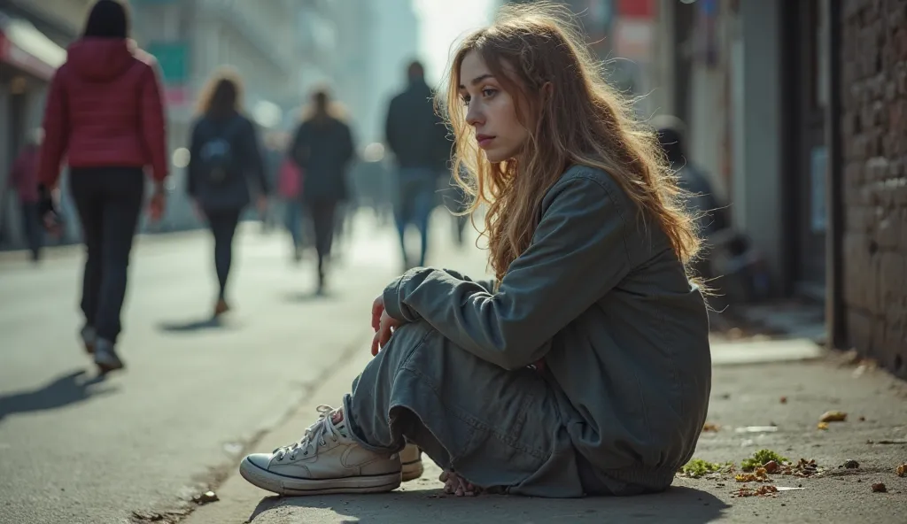 "A 23-year-old girl sits on the street, looking lost and disoriented, as if her mind is far from the present moment. Her posture is slouched, and her eyes seem distant, as though she’s trying to escape from something that haunts her. Her clothes are a bit ...