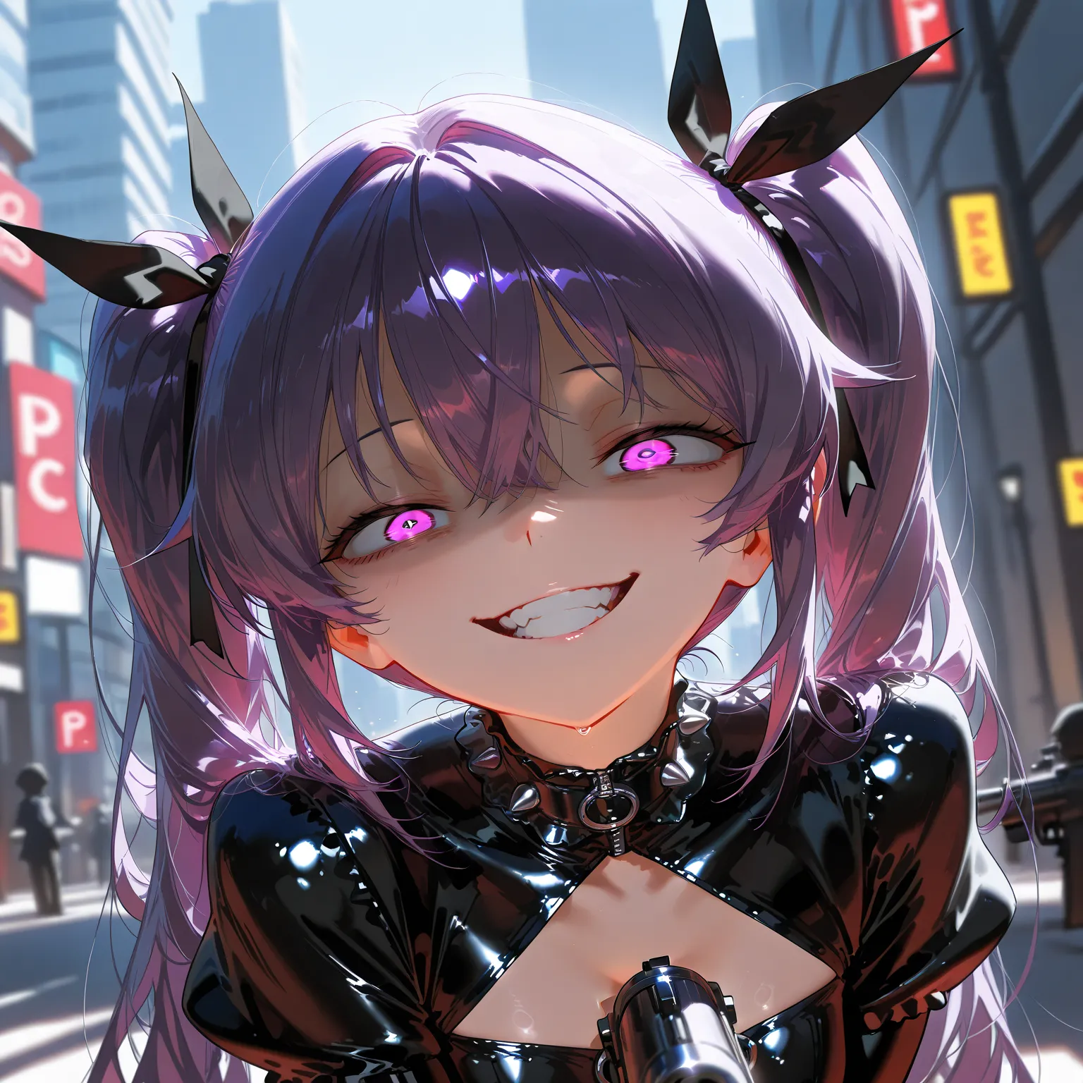 1 young beautiful woman, solo, (incredible high resolution, masterpiece, top quality, highly detailed, CG, high quality anime drawing), (purple hair, twin tails, gothic style latex dress in black and red: 1.4, black ribbon, black tights), (purple eyes, cra...