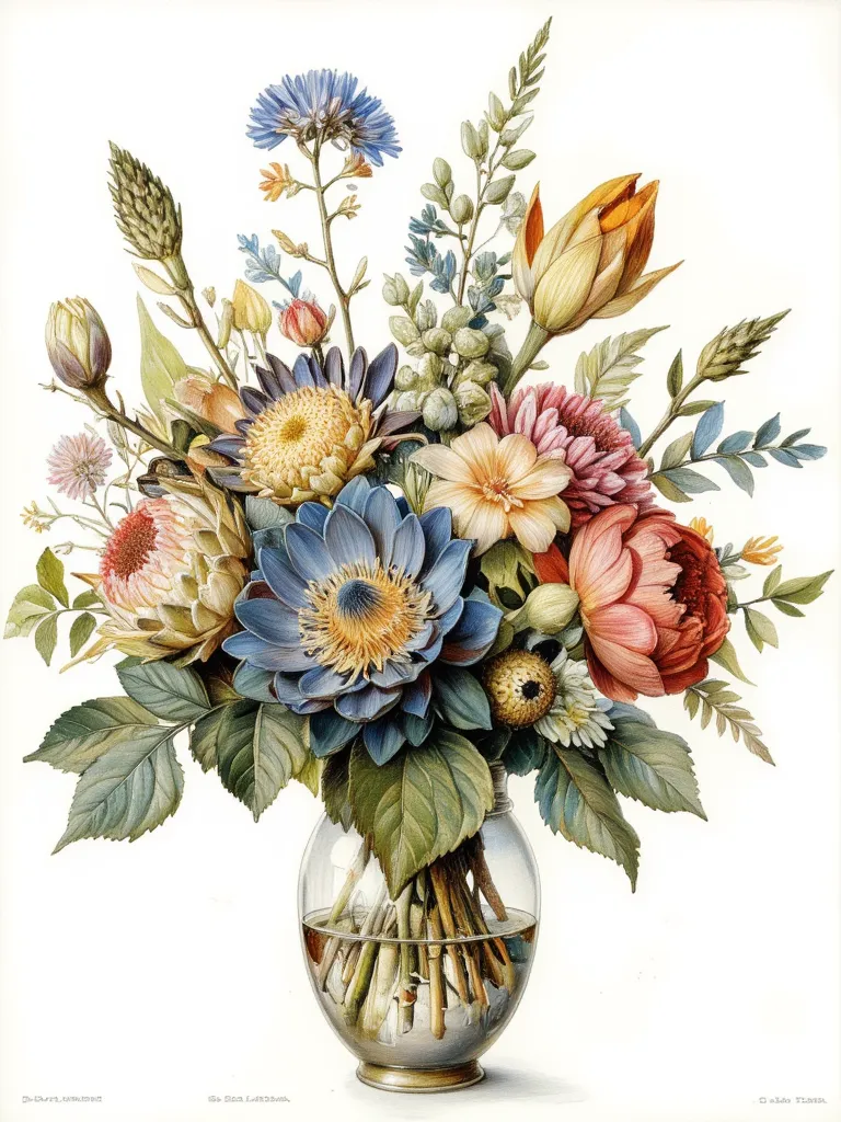 Style of biological illustration, an Australian bouquet arranged in a vase, featuring protea, banksia, pincushion, eucalyptus, mimosa, cerulea, leucadendron, kangaroo paw, masterpiece.