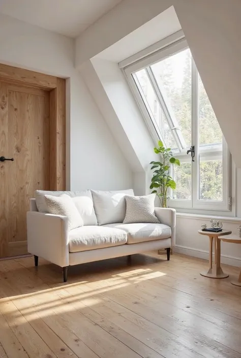 Decoration of a small loft room with a white 2-seater sofa, In front of a winter garden, I want the living room with a light wooden floor wall color that illuminates the environment on the left side a wooden door 