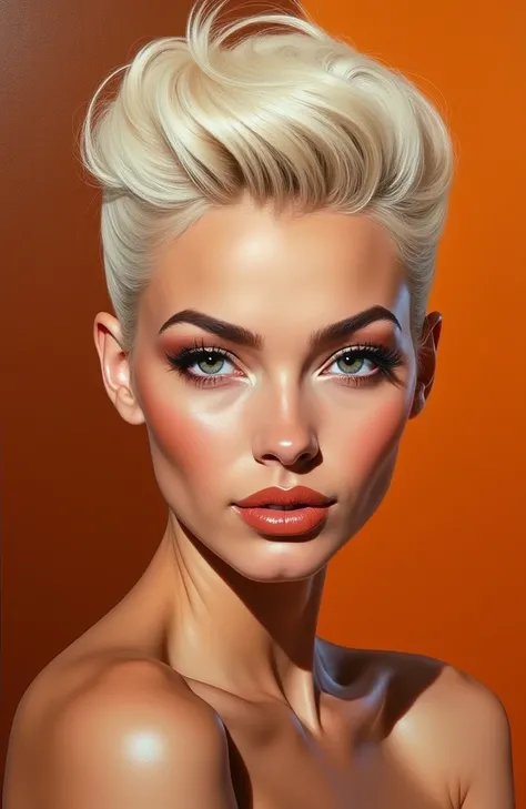 High-quality realistic acrylic art,  bright colors , bright cosmetics,  nude lipstick, blonde hair with light platinum combed into a stylish hairstyle,  detailed face, detailed lips, detailed eyes, looks at us directly, chocolate-amber background