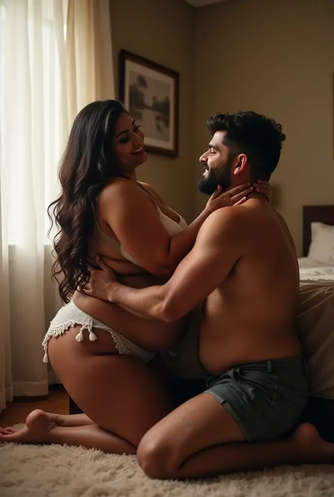 Indian medium plus size women bend in doggy position on bed, exhausted and angry when a medium fat man pulling her back to his waist .
Full body view 