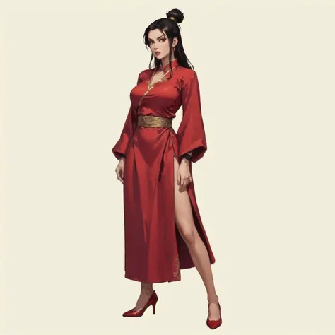 araffe dressed in a red dress and high heels posing for a picture, fully clothed in red robes, red robe, portrait of modern darna, character from king of fighters, fully clothed. painting of sexy, wearing gilded red robes, nico robin, wearing a red cheongs...