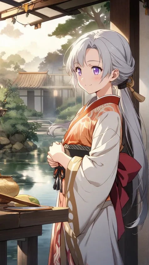  one girl、 curious、Silver hair low ponite、smile、 Her eyes are light purple 、 is adorable、The period is set in the late Muromachi period、 Kunoichi、Youngest temperament、anime style