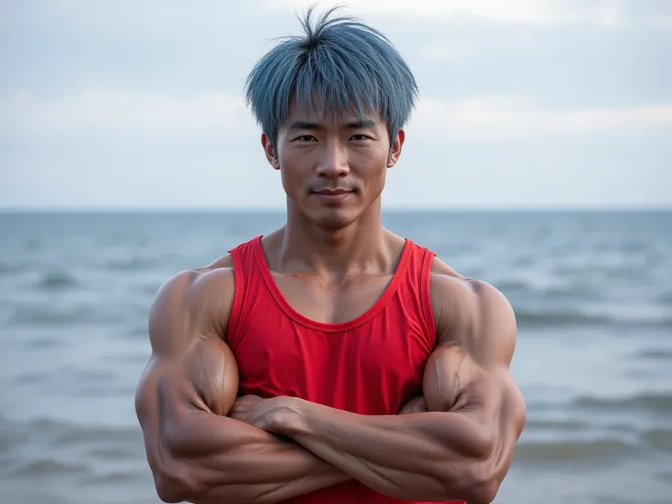 Chinese agers, Dull skin,  red tank top,  clear muscle, 18 years old, The hair on the top is slightly pointed, Blue hair , front view, Very handsome , , oval face,   smiling mouth corner, Confident Face Color,Stand with arms crossed, seashore background, f...