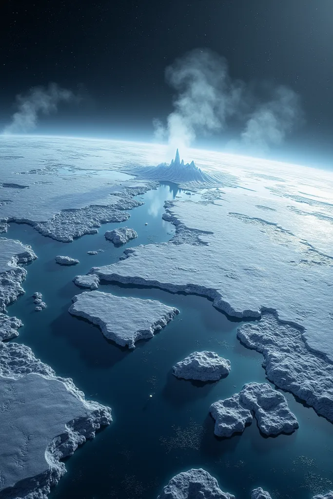 
"A planet mostly covered in ice that gleams with a bright white sheen. Dark water areas cut through the ice, appearing deep blue and partially covered by thin layers of ice. A thin, bluish atmosphere carries scattered clouds of ice particles drifting slow...