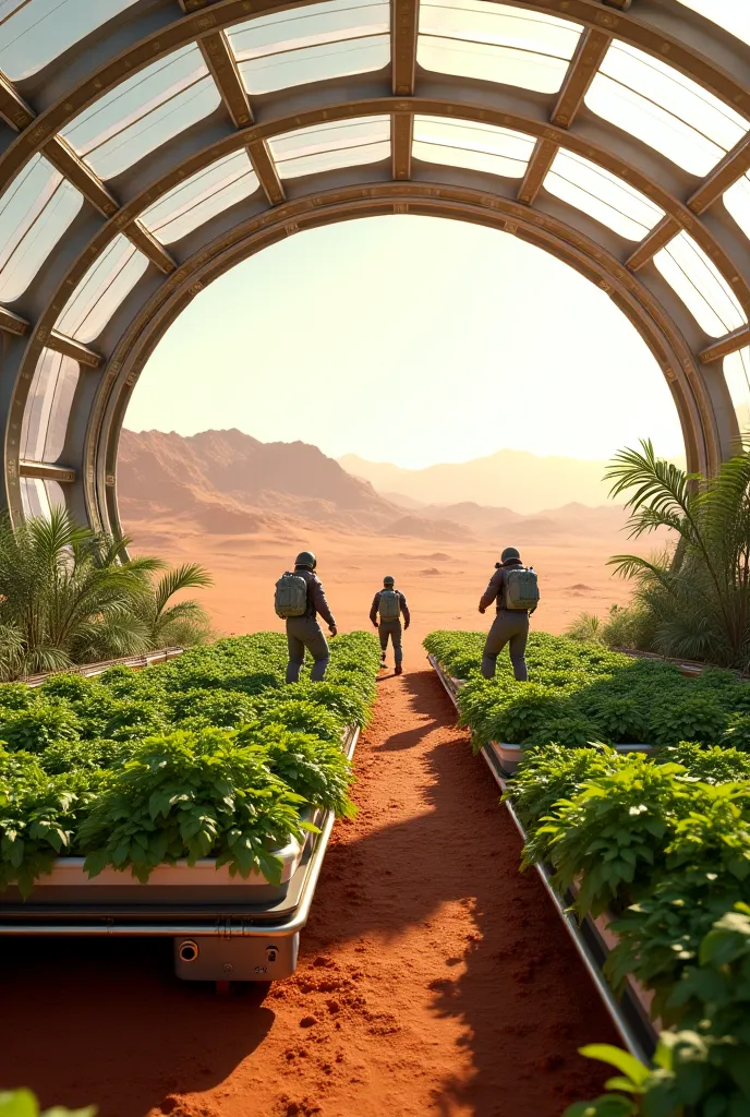 Interior of a dome on Mars with hydroponic gardens and green plants under artificial lights. Colonizers caring for plants.  realistic style, futuristic atmosphere.