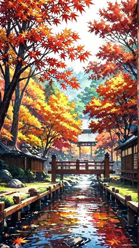 A serene, nostalgic view of a traditional Japanese garden in autumn, with vibrant red and gold maple leaves. A small wooden bridge crosses a gently flowing stream. The scene is bathed in soft, warm sunlight, evoking a feeling of peace and tranquility.
Anim...