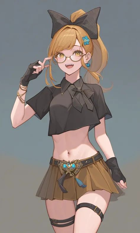 , ponytail, knitting glasses, hair bow,  Hair Flower, black shirt, midriff, short sleeve, fingerless gloves, pleated skirts that blow out, thigh strap,  masterpiece, TOP QUALITY, Watch Viewers, :d, Skin teeth ,  Japanese architecture , Maple Leaf , cowboy ...