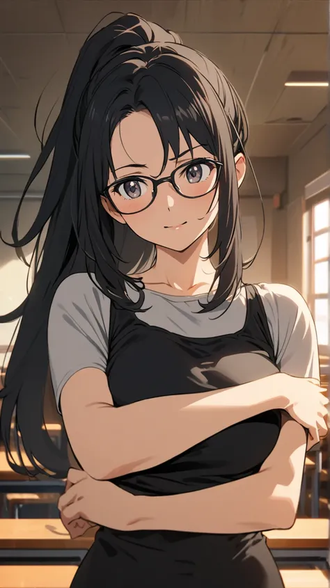 
ponytail、Mature Woman、 anime style、black one-piece swimsuit、Big Breasts、classroom、 black hair、Glasses、 cross your arms a little