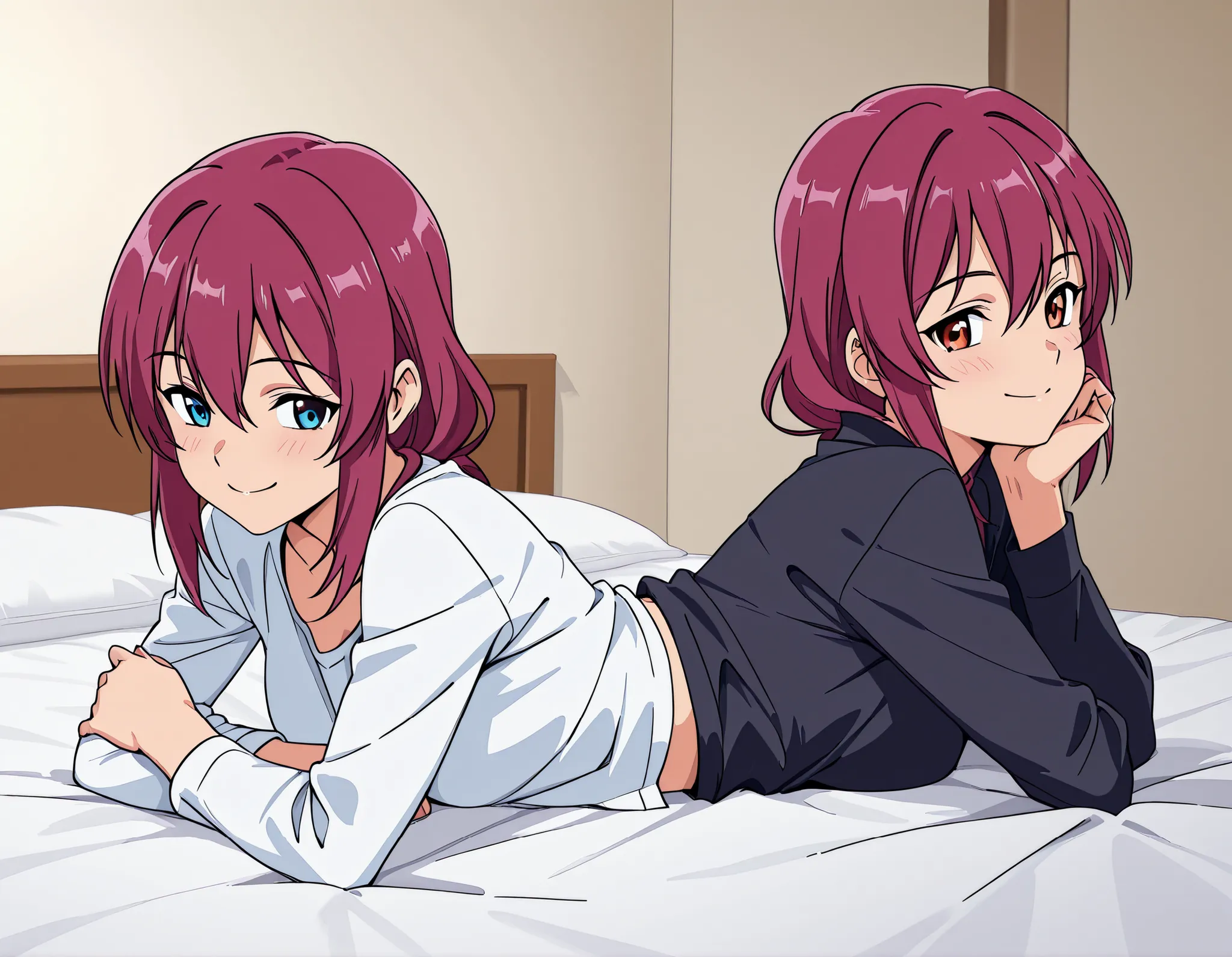 source_anime, score_9, score_8_up, score_7_up, queeconj, 2girls, on stomach, shirt, bedroom, smile