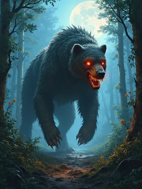 Imagine a dog with the body of a bear with red eyes in a wooded jungle and at night 