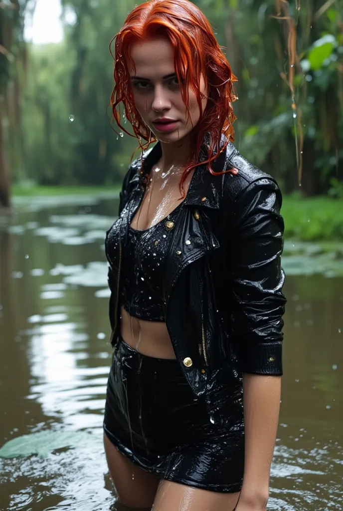 Red-haired beautiful girl, walking knee-deep in the water in the swamp dragged on duckweed, wearing a black leather jacket with studs, black polka dot blouse under the jacket, the jacket is unbuttoned, black leather skirt, Black polka dot tights. Completel...