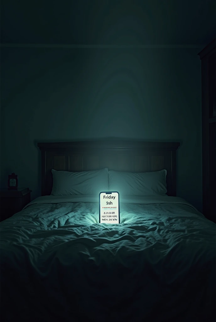 Create me a short poster film, science fiction, thriller genre and it should a dark room with a bed then it should be have phone on the bed that have bright light then on the light that coming from phone it needed to have a friday date like a silhouette or...